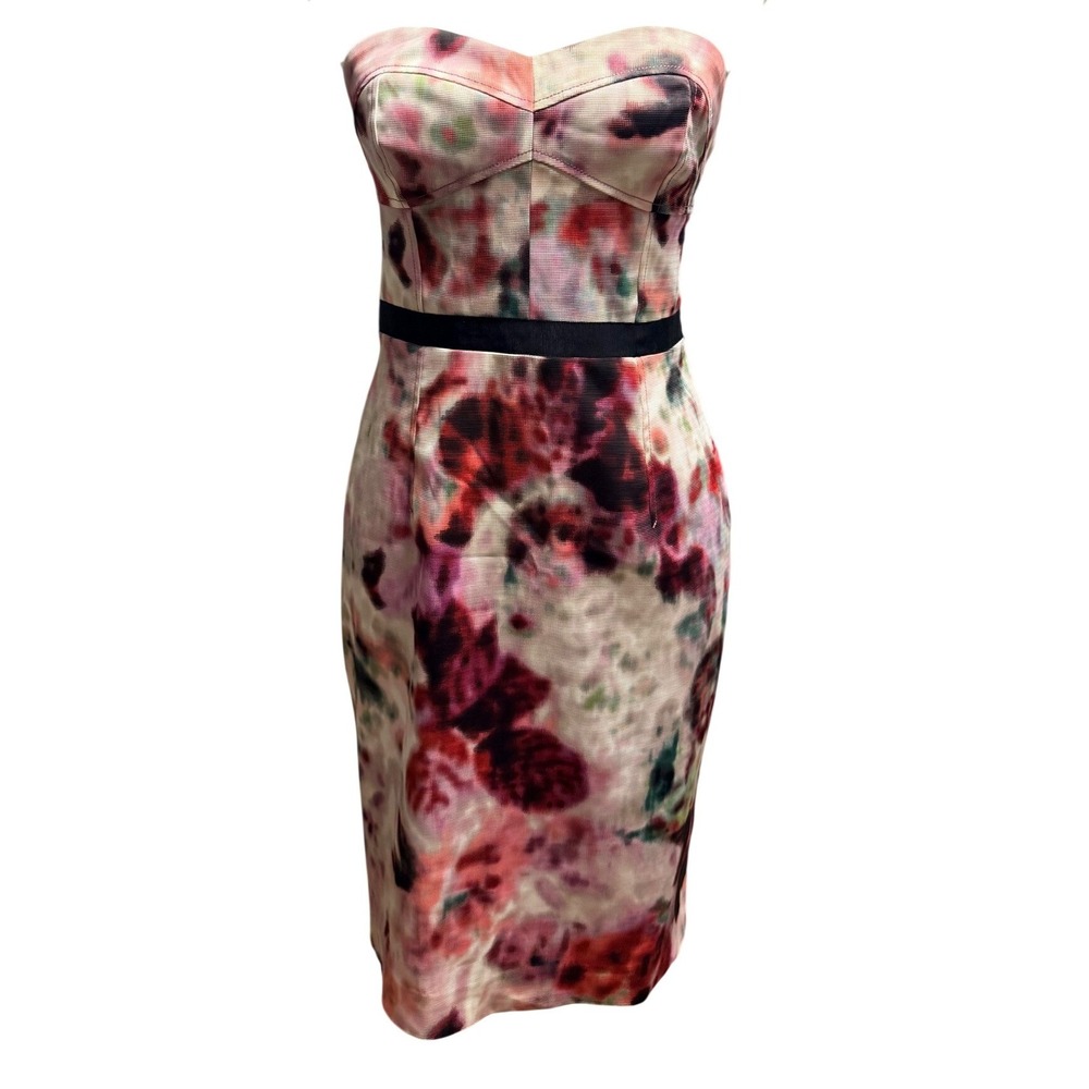 Moulinette Soeurs Anthropologie Strapless Floral Sheath Dress Pink Burgundy 4